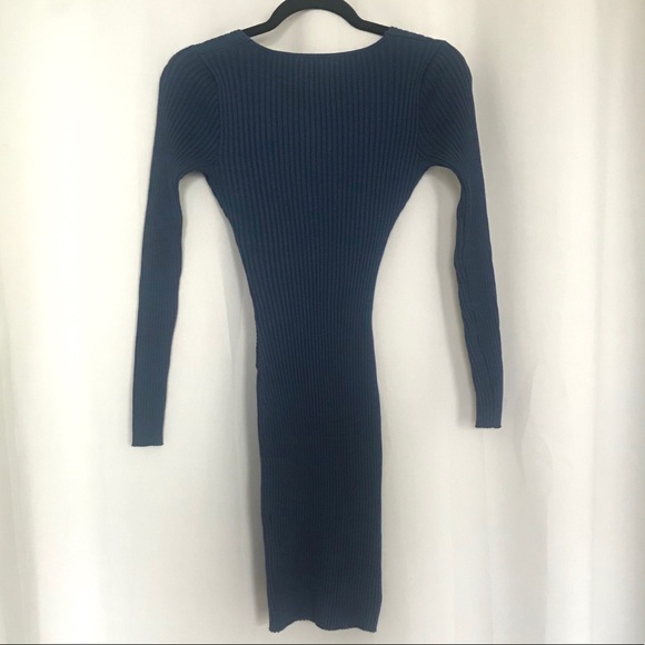 Blue Knit Ribbed Wrap Bodycon Dress - Picture 3 of 4